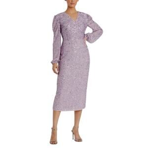 Mac Duggal 107641 Sequined Long Sleeve Midi Sheath Cocktail Dress Purple Size 8